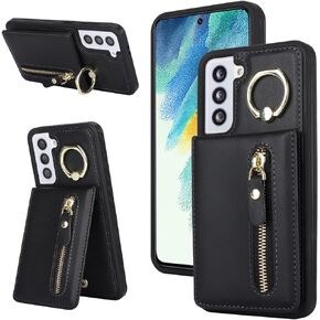 Samsung Galaxy S21 FE Case with Card Holder for Women, Samsung Galaxy S21 FE Phone Case Wallet with Credit Card with Ring Kickstand Zipper Slim Stand Case - White Leopard