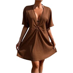 SweatyRocks Women's Cut Out Deep V Neck Cover Ups Dress Summer Short Sleeve Beach Mini Swimsuit Coverup