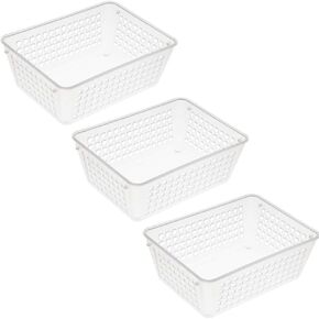 YBM Home 3-Pack Small Plastic Storage Baskets for Home Junk Drawers and Office Desktop Drawers Organization - Functional Trays for Kitchen, Bedroom, and Bathroom, Clear