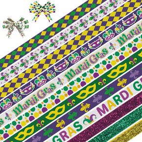 12 Pieces Mardi Gras Decor Ribbons 3/8" Mardi Gras Purple Green Yellow Plaid Grosgrain Ribbon 1 Yard, Mask Mardi Gras Words Ribbon for Carnival Mardi Gras Party Holiday Gift Packaging DIY Supplies