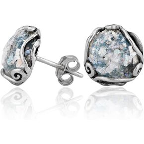 Paz Creations Women's 925 Sterling Silver Roman Glass Patina Stud Earrings - Handcrafted Round-Cut Ball Earring - Unique Natural Organic Jewelry For Her