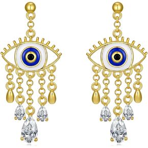 Evil Eye Stud Earrings for Women Yellow Gold Plated Tassel Stud Earrings 925 Sterling Silver Evil Eye Earring Set for Women