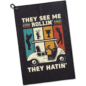 They See Me Rollin' They Hatin' Embroidered Golf Towels with Clip and Golf Brush with Retractable Extension Cord, Funny Golf Towel Gifts and Golf Accessories Set for Men Women Golfers Golf Fan