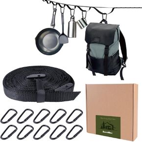 Campsite Storage Strap Organizer for Backyard Garden Garage, Cam Buckle Strap with 15 Loops and 10 Carabiners, RV Camping Tent Hanging Gear (Black, 11 Feet)