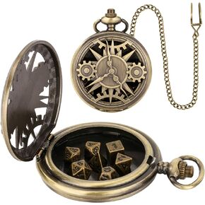 مجموعة نرد صغيرة من DND مع حافظة ساعة جيب مجوفة Steampunk برونزية، مجموعة نرد D&D معدنية متعددة السطوح 7 قطع، هدايا الزنزانات والتنينات مع صندوق هدايا، ملحقات ألعاب لوح اللعب