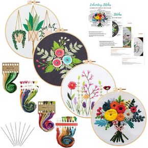 Nuberlic 4 Pack Embroidery Kit for Beginners Cross Stitch Kits Needlepoint Kits for Adults, Include 4 Embroidery Hoops, 4 Embroidery Cloth with Pattern, Color Threads and Needles