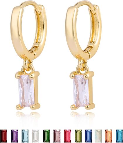 Dainty Birthstone Earrings for Women Girls - 18K Gold Plated Huggie Hoop Earring with Rectangular Gemstone Drop Dangle - Birthstone Jewelry Gifts for Wedding Birthday Everyday Wear in Saudi Arabia