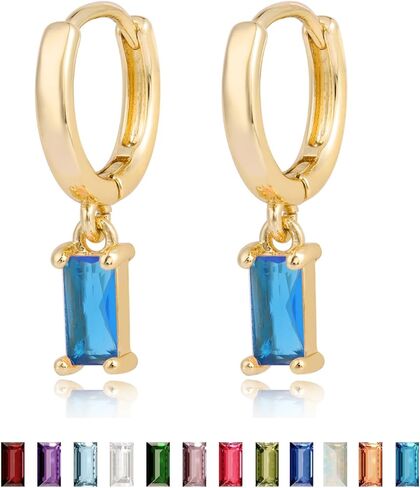 Dainty Birthstone Earrings for Women Girls - 18K Gold Plated Huggie Hoop Earring with Rectangular Gemstone Drop Dangle - Birthstone Jewelry Gifts for Wedding Birthday Everyday Wear in Kuwait