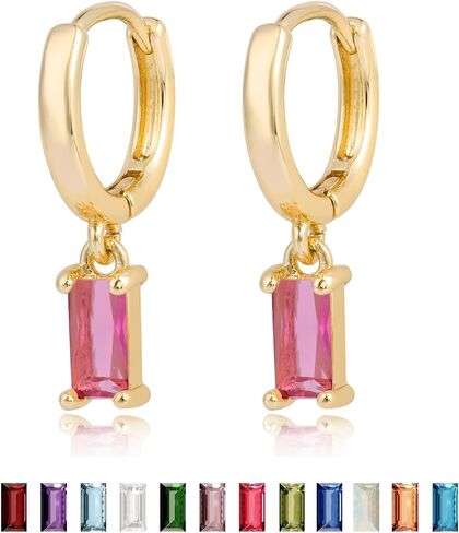 Dainty Birthstone Earrings for Women Girls - 18K Gold Plated Huggie Hoop Earring with Rectangular Gemstone Drop Dangle - Birthstone Jewelry Gifts for Wedding Birthday Everyday Wear in Saudi Arabia