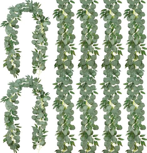Whonline 6pcs 36ft Artificial Eucalyptus Garland with Willow Leaves Silver Dollar Greenery Vines Fake Eucalyptus for Wedding Party Home Table Indoor Outdoor Decoration in Kuwait