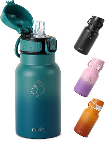 18oz Insulated Water Bottle for Kids with Straw and Handle, 2PCS BUZIO BPA-Free Vacuum Water Flask Leak & Sweat Proof with Popup Lid & Silicone Nozzle for Toddler School Travel, Black+Blue in Saudi Arabia