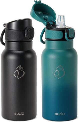 18oz Insulated Water Bottle for Kids with Straw and Handle, 2PCS BUZIO BPA-Free Vacuum Water Flask Leak & Sweat Proof with Popup Lid & Silicone Nozzle for Toddler School Travel, Black+Blue in Saudi Arabia