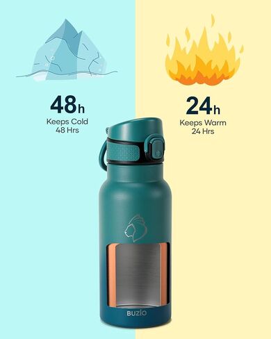 18oz Insulated Water Bottle for Kids with Straw and Handle, 2PCS BUZIO BPA-Free Vacuum Water Flask Leak & Sweat Proof with Popup Lid & Silicone Nozzle for Toddler School Travel, Black+Blue in Saudi Arabia