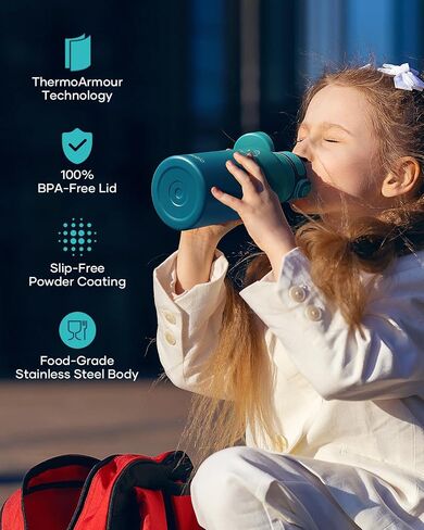 18oz Insulated Water Bottle for Kids with Straw and Handle, 2PCS BUZIO BPA-Free Vacuum Water Flask Leak & Sweat Proof with Popup Lid & Silicone Nozzle for Toddler School Travel, Black+Blue in Saudi Arabia