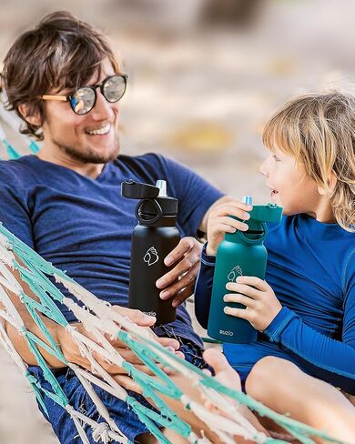 18oz Insulated Water Bottle for Kids with Straw and Handle, 2PCS BUZIO BPA-Free Vacuum Water Flask Leak & Sweat Proof with Popup Lid & Silicone Nozzle for Toddler School Travel, Black+Blue in Saudi Arabia