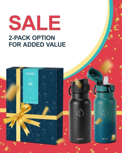 18oz Insulated Water Bottle for Kids with Straw and Handle, 2PCS BUZIO BPA-Free Vacuum Water Flask Leak & Sweat Proof with Popup Lid & Silicone Nozzle for Toddler School Travel, Black+Blue in Saudi Arabia
