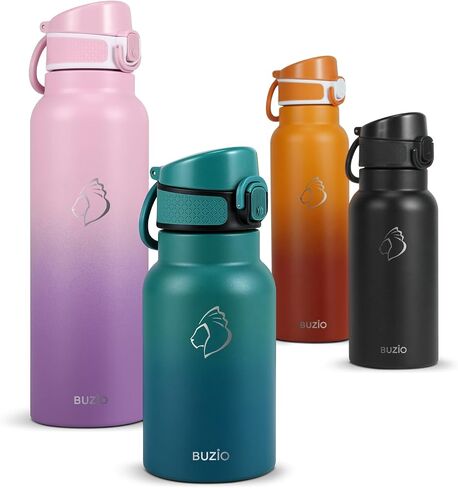 18oz Insulated Water Bottle for Kids with Straw and Handle, 2PCS BUZIO BPA-Free Vacuum Water Flask Leak & Sweat Proof with Popup Lid & Silicone Nozzle for Toddler School Travel, Black+Blue in Saudi Arabia