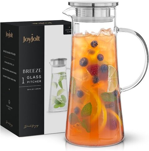 JoyJolt 60oz Glass Pitcher with Lid (2 Lids) - Beverage Serveware and Storage Container for Hot Liquids or Cold Drinks. Fridge Pitcher, Juice Container, Water Jug, Iced Tea Pitcher or Milk Pitcher in Saudi Arabia