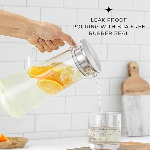 JoyJolt 60oz Glass Pitcher with Lid (2 Lids) - Beverage Serveware and Storage Container for Hot Liquids or Cold Drinks. Fridge Pitcher, Juice Container, Water Jug, Iced Tea Pitcher or Milk Pitcher in Saudi Arabia