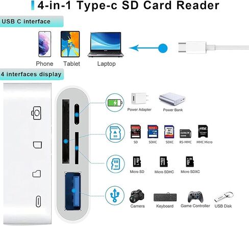 USB C SD Card Reader Adapter 4 Ports, Camera Memory SD Card Reader for iPhone 15, USB C Male to USB Female Micro SD TF Power Charging Splitter for iPad Pro, MacBook Pro and More USB C Devices in Saudi Arabia