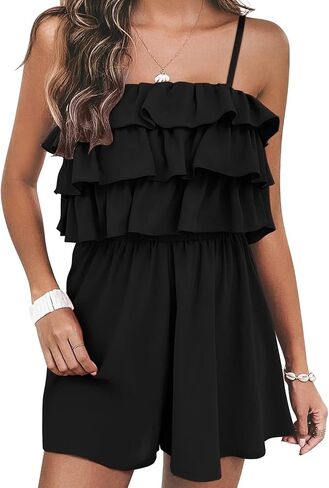 KKJ المرأة موضة 2024 ثوب فضفاض للصيف السباغيتي حزام بلا أكمام كشكش مطوي مرونة الخصر بذلة قصيرة وتتسابق in Kuwait