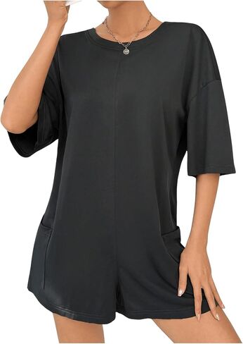 MakeMeChic Women's Summer Short Jumpsuit Casual Loose Short Sleeve T Shirt Romper With Pockets in Saudi Arabia