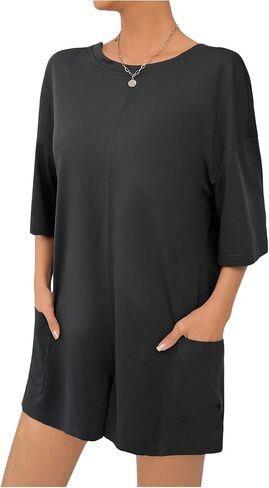 MakeMeChic Women's Summer Short Jumpsuit Casual Loose Short Sleeve T Shirt Romper With Pockets in Saudi Arabia
