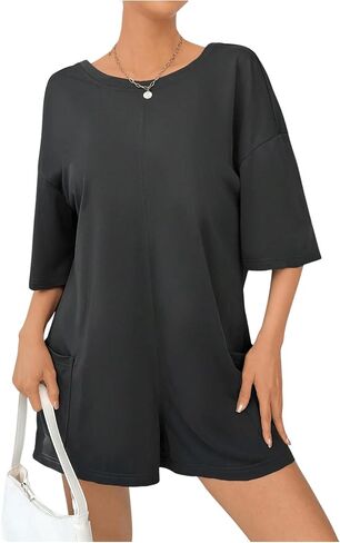 MakeMeChic Women's Summer Short Jumpsuit Casual Loose Short Sleeve T Shirt Romper With Pockets in Saudi Arabia