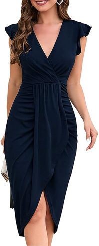 HOMEYEE Womens Deep V Neck Ruffle Sleeve Pleated Sheath Casual Casual Dress B766 in Saudi Arabia