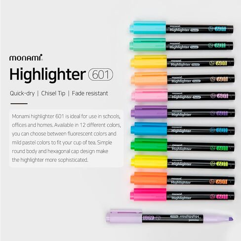 MONAMI Highlighter 601 Pastel, Chisel Tip (1~4mm), Fade-resistant, Pastel Ink Highlighters, Assorted Colors, 6-Pack in Saudi Arabia
