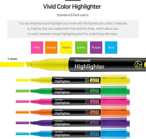 MONAMI Highlighter 601 Pastel, Chisel Tip (1~4mm), Fade-resistant, Pastel Ink Highlighters, Assorted Colors, 6-Pack in Saudi Arabia