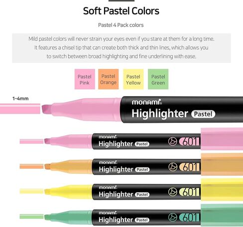 MONAMI Highlighter 601 Pastel, Chisel Tip (1~4mm), Fade-resistant, Pastel Ink Highlighters, Assorted Colors, 6-Pack in Saudi Arabia