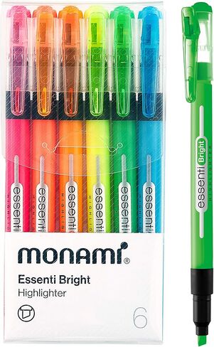MONAMI ESSENTI Highlighter Bright, Chisel Tip (1~4mm), Clip-on Type, Bright Fluorescent Ink Highlighters, Assorted Colors, 6-Pack in Saudi Arabia