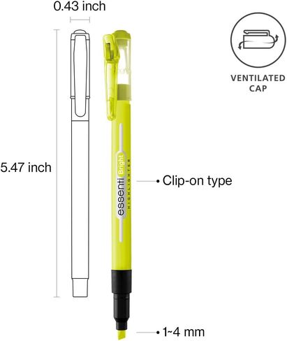 MONAMI ESSENTI Highlighter Bright, Chisel Tip (1~4mm), Clip-on Type, Bright Fluorescent Ink Highlighters, Assorted Colors, 6-Pack in Saudi Arabia