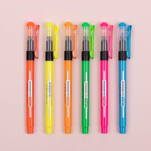 MONAMI ESSENTI Highlighter Bright, Chisel Tip (1~4mm), Clip-on Type, Bright Fluorescent Ink Highlighters, Assorted Colors, 6-Pack in Saudi Arabia