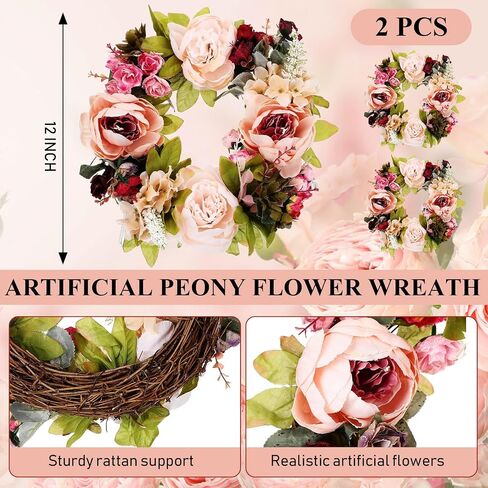 Artificial Peony Flower Wreath Vintage Blooming Silk Peonies Spring Summer Fall Floral Flower Wreaths for Peonies Wreaths for Outdoor Indoor Wedding Wall Window Decor(20 Inch, 1 Pcs) in Saudi Arabia