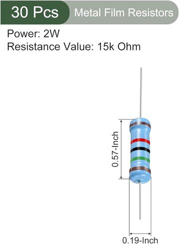 YOKIVE 30 PCS Metal Film Resistors, 15k Ohm Resistor with 2W 1% Tolerance, Lead, Good for DIY Electronic Projects (5 Color Bands, 15.5+/-1mm) in Saudi Arabia