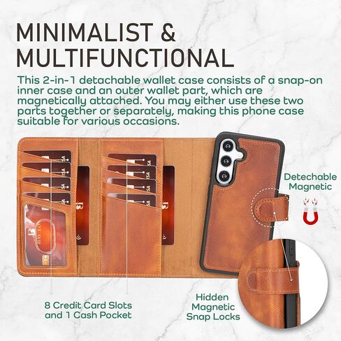 Bayelon Genuine Leather Wallet for S24 Ultra, Tri-Fold Flip Samsung Galaxy S24 Ultra Case, Samsung Galaxy S24 Ultra Detachable Magnetic Wallet Phone Case, S24 Ultra Wallet Case & RFID Block (S.Black) in Kuwait