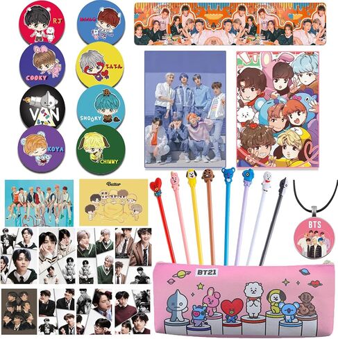 مجموعة هدايا تعليمية ملونة تتضمن أقلامًا وحقيبة، ومسطرة، وقلادة، وأجهزة كمبيوتر محمولة صغيرة، ودبابيس أزرار، وملصقات بطاقات للجيش. in Kuwait