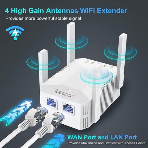 معزز إشارة موسع WiFi، محسن WiFi ثنائي التردد 5 جيجا هرتز/2.4 جيجا هرتز، تغطية كاملة 360 درجة، أربعة هوائيات، مكرر إنترنت لاسلكي، مع منفذ إيثرنت، يمكن ضبطه بسرعة in Kuwait