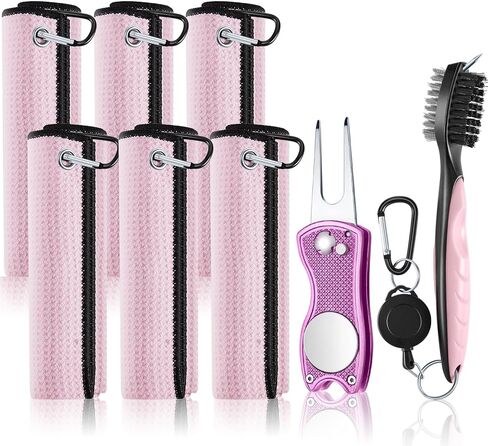 Golf Towel 6 Pcs Pink Women Microfiber Waffle Pattern Golf Towel with Club Groove Cleaner Brush and Foldable Divot Tool Golf Accessories for Women Golf Bag Accessories Kit for Golf Gifts in Saudi Arabia