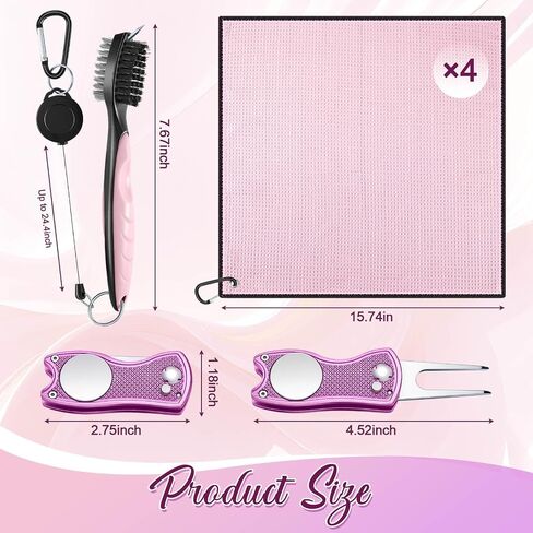 Golf Towel 6 Pcs Pink Women Microfiber Waffle Pattern Golf Towel with Club Groove Cleaner Brush and Foldable Divot Tool Golf Accessories for Women Golf Bag Accessories Kit for Golf Gifts in Saudi Arabia