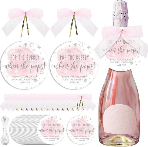 MotiMind 50 Set Pop When Pops Baby Shower Bottle Tags, Pop the Bubbly When Pops Tags Champagne Baby Shower Favor Label with Bows and Ribbon for Baby Shower Party Guest Gift (Blue) in Kuwait