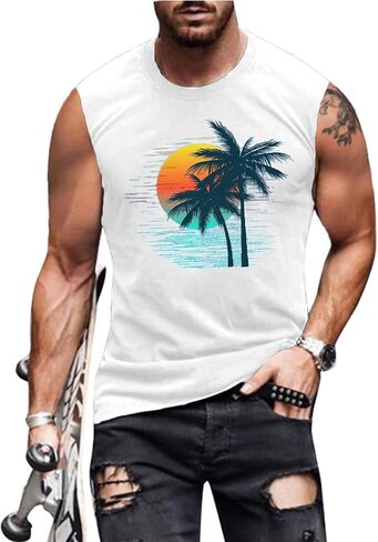 Men Tank Tops Beach Palm Tree Shirt Hawaiian Vintage Graphic Sleeveless Shirt in Saudi Arabia