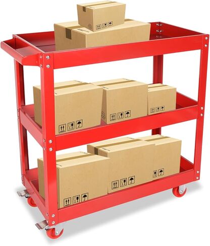 عربة أدوات ذات 3 طبقات، عربة أدوات دوارة مع عجلات فرامل، عربة خدمة مواد فولاذية شديدة التحمل، سعة تحميل 110 رطل لكل طبقة، لتخزين المستودعات والمكاتب والمرآب، أحمر in Kuwait