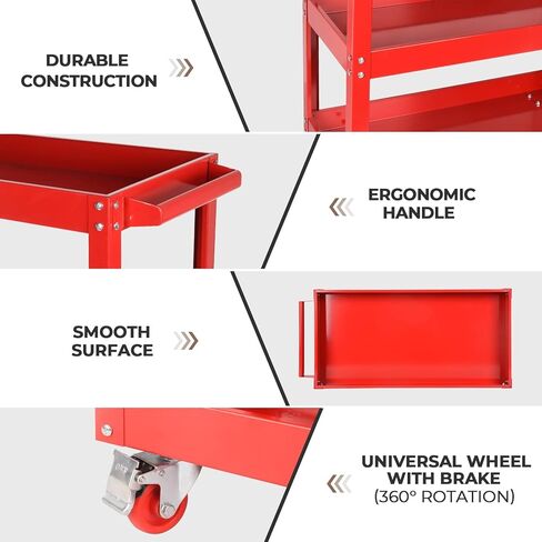 عربة أدوات ذات 3 طبقات، عربة أدوات دوارة مع عجلات فرامل، عربة خدمة مواد فولاذية شديدة التحمل، سعة تحميل 110 رطل لكل طبقة، لتخزين المستودعات والمكاتب والمرآب، أحمر in Kuwait