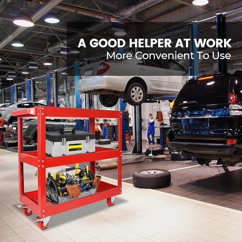 عربة أدوات ذات 3 طبقات، عربة أدوات دوارة مع عجلات فرامل، عربة خدمة مواد فولاذية شديدة التحمل، سعة تحميل 110 رطل لكل طبقة، لتخزين المستودعات والمكاتب والمرآب، أحمر in Kuwait