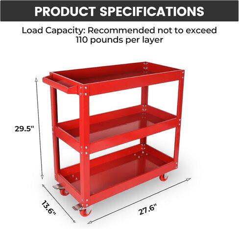 عربة أدوات ذات 3 طبقات، عربة أدوات دوارة مع عجلات فرامل، عربة خدمة مواد فولاذية شديدة التحمل، سعة تحميل 110 رطل لكل طبقة، لتخزين المستودعات والمكاتب والمرآب، أحمر in Kuwait