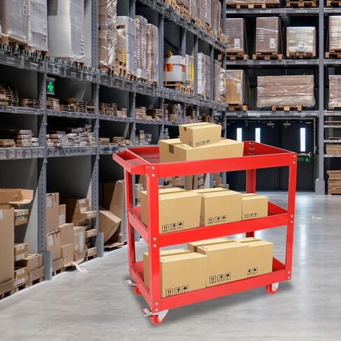 عربة أدوات ذات 3 طبقات، عربة أدوات دوارة مع عجلات فرامل، عربة خدمة مواد فولاذية شديدة التحمل، سعة تحميل 110 رطل لكل طبقة، لتخزين المستودعات والمكاتب والمرآب، أحمر in Kuwait