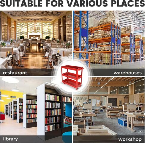 عربة أدوات ذات 3 طبقات، عربة أدوات دوارة مع عجلات فرامل، عربة خدمة مواد فولاذية شديدة التحمل، سعة تحميل 110 رطل لكل طبقة، لتخزين المستودعات والمكاتب والمرآب، أحمر in Kuwait